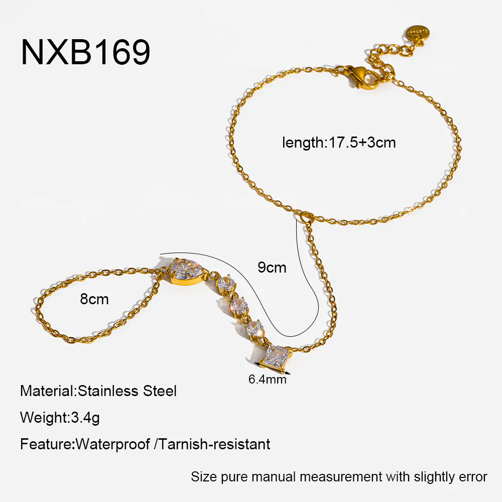 18K Gold-Plated Stainless Steel Teardrop Cubic Zirconia Hand Chain, Waterproof Integrated Bracelet With Ring For Women - Image 5