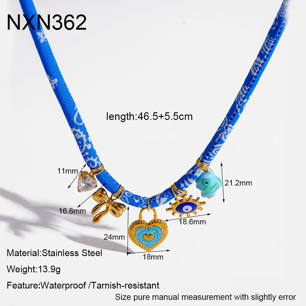 18K Gold-Plated Stainless Steel Fabric Choker, Heart & Evil Eye Pendant, Unique Ethnic Necklace For Women - Image 5