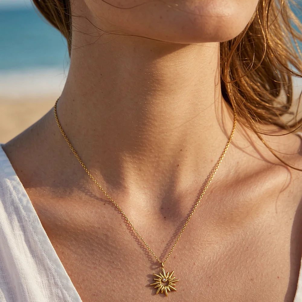 18K Gold-Plated Stainless Steel Sunflower Pendant Choker, Waterproof Dainty Minimalist Vintage Necklace For Women - Image 3
