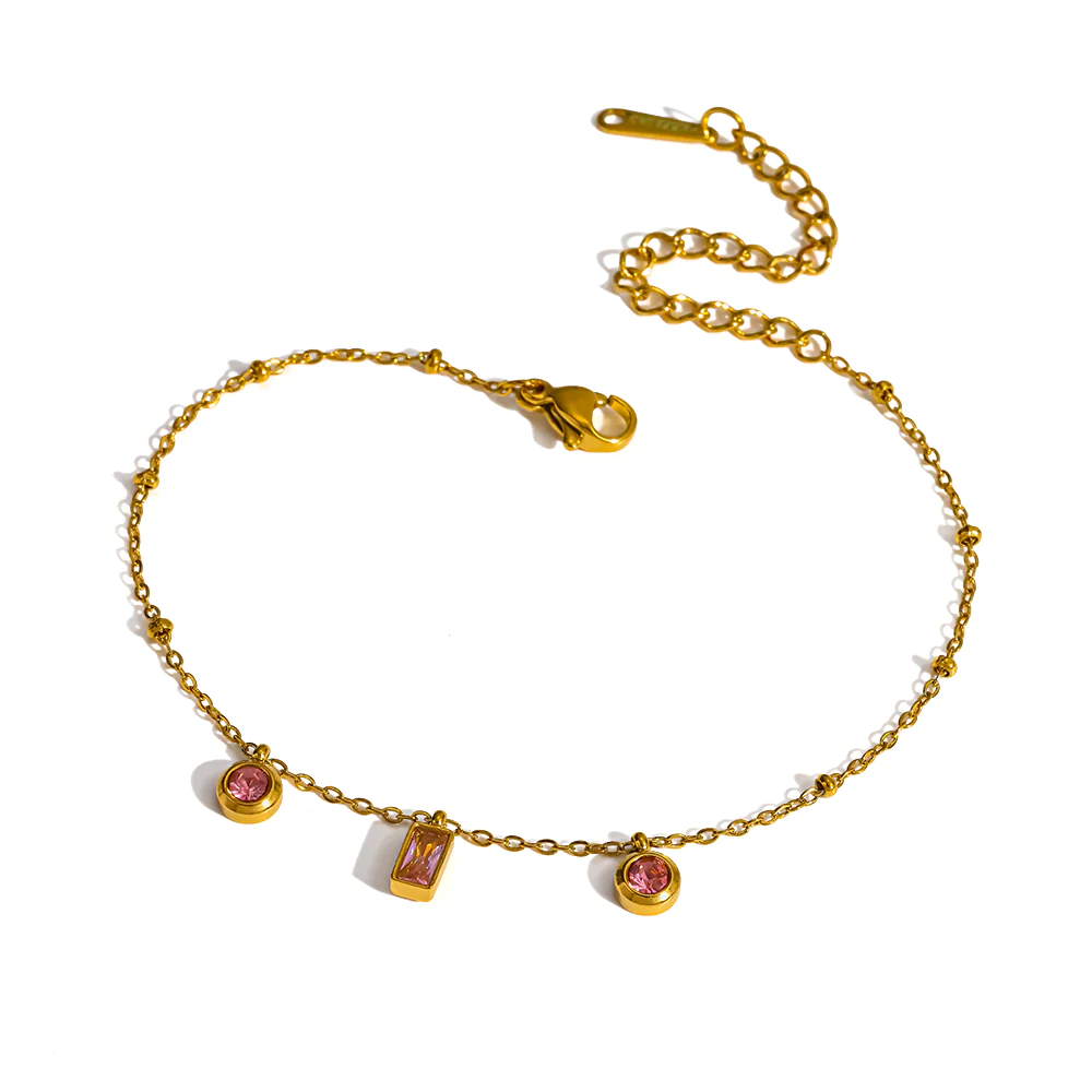 18K gold plated stainless steel pink geometric cubic zirconia bracelet, luxury waterproof women accessories