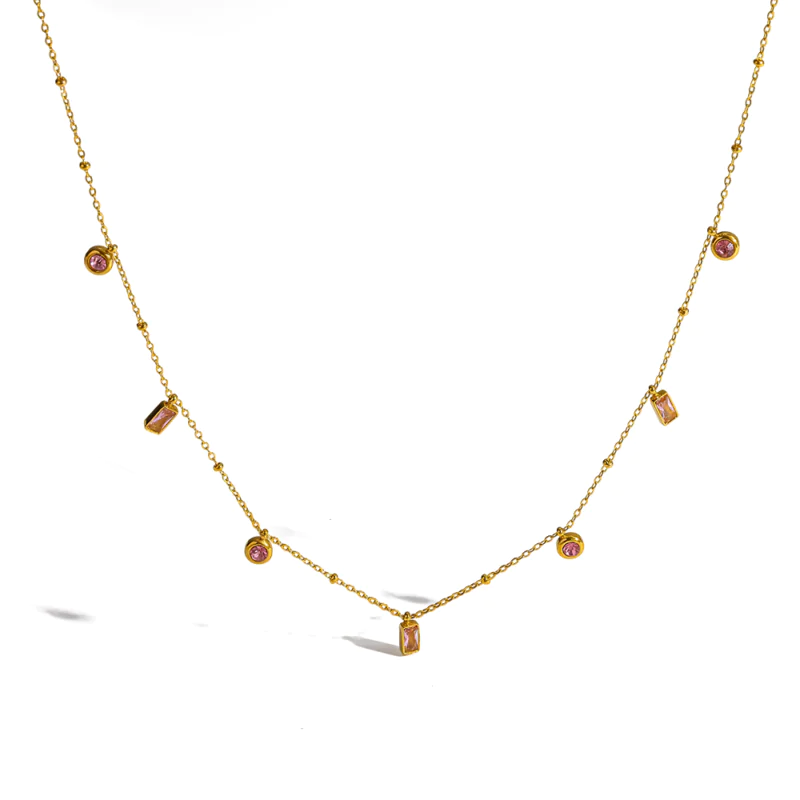 18K gold plated stainless steel pink geometric cubic zirconia necklace, luxury waterproof women accessories