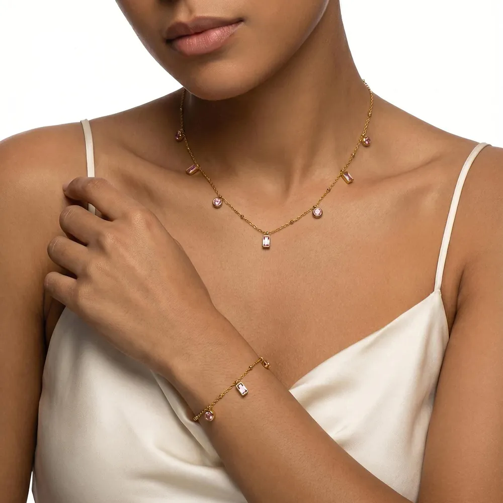 18K Gold-Plated Stainless Steel Pink Geometric Cubic Zirconia Necklace & Bracelet, Waterproof Luxury Women Jewelry - Image 5