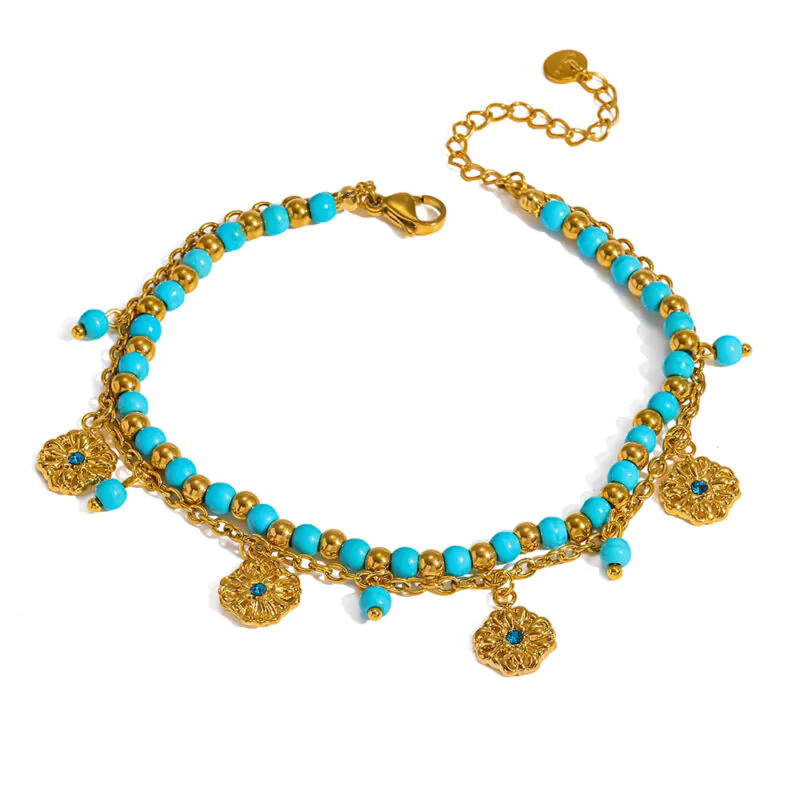 18K gold plated stainless steel double layer anklet, natural turquoise beaded flower pendant women foot jewelry