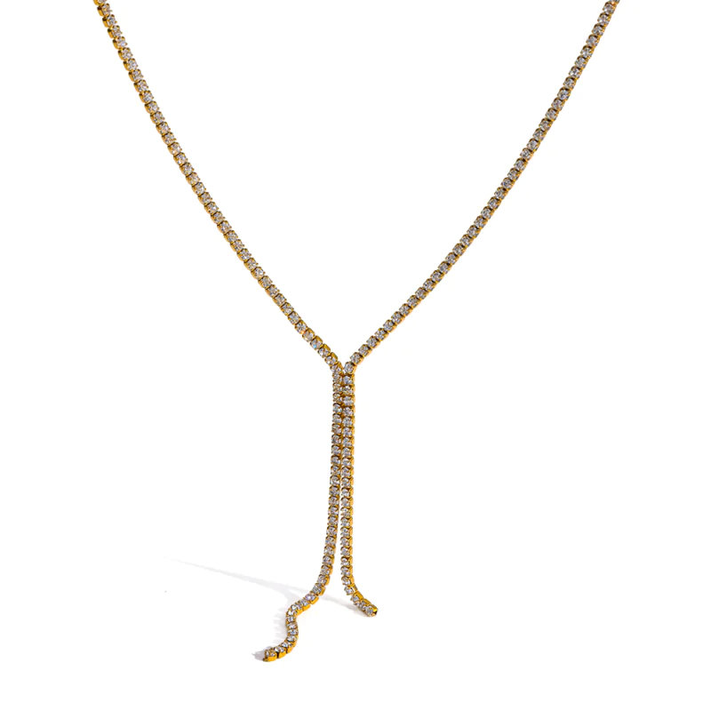 18K gold plated stainless steel full cubic zirconia tassel necklace, high-end commuter women neck jewelry