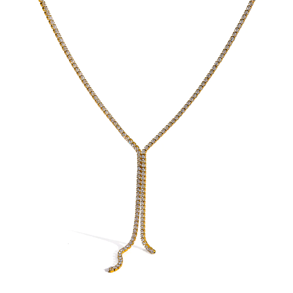 18K gold plated stainless steel full cubic zirconia tassel necklace, high-end commuter women neck jewelry