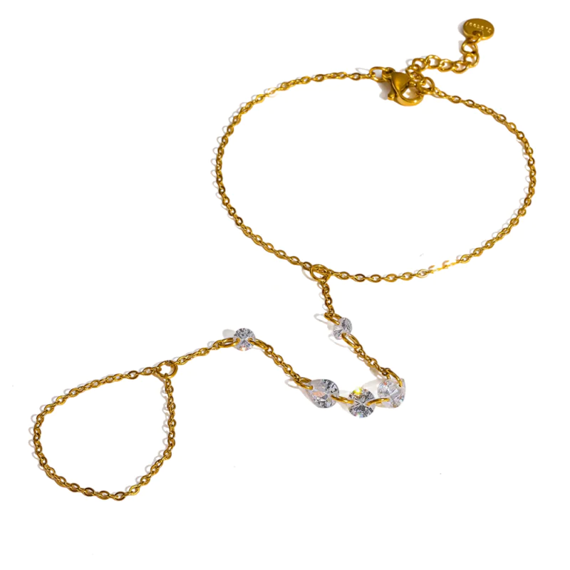 18K gold plated stainless steel teardrop cubic zirconia hand chain, luxury waterproof integrated bracelet with ring for women