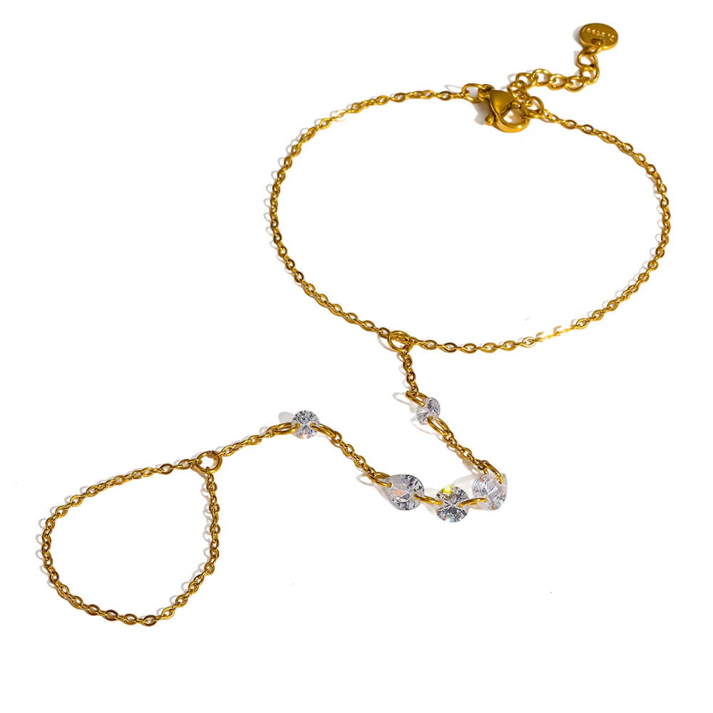 18K gold plated stainless steel teardrop cubic zirconia hand chain, luxury waterproof integrated bracelet with ring for women
