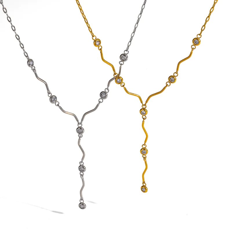 18K gold plated stainless steel wavy cubic zirconia Y drop necklace, minimalist luxury high-end women neck jewelry