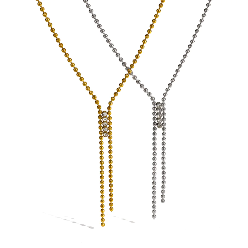 18K Gold-Plated Stainless Steel Beaded Cubic Zirconia Y Drop Necklace, Waterproof Tassel Necklace For Women