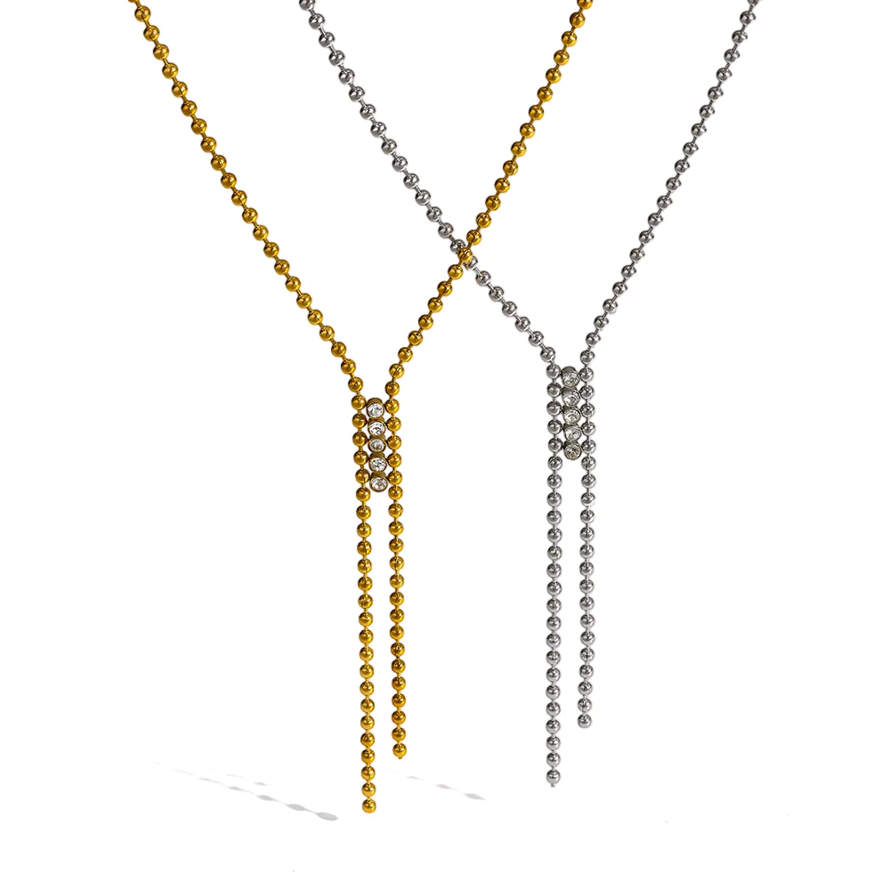 18K Gold-Plated Stainless Steel Beaded Cubic Zirconia Y Drop Necklace, Waterproof Tassel Necklace For Women