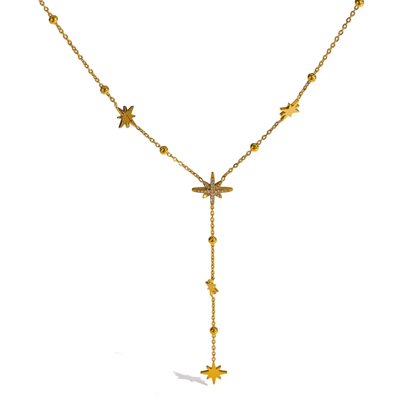 18K gold plated stainless steel octagram cubic zirconia Y drop necklace, waterproof luxury women neck jewelry