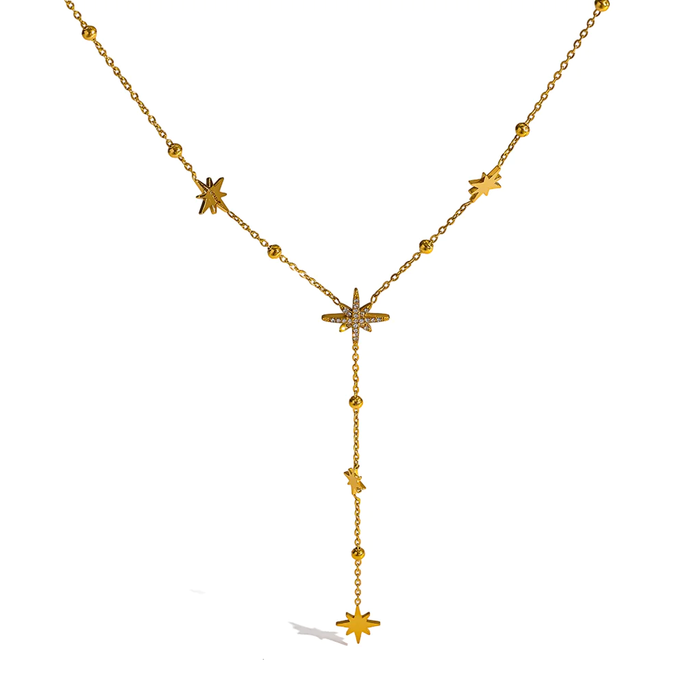 18K gold plated stainless steel octagram cubic zirconia Y drop necklace, waterproof luxury women neck jewelry