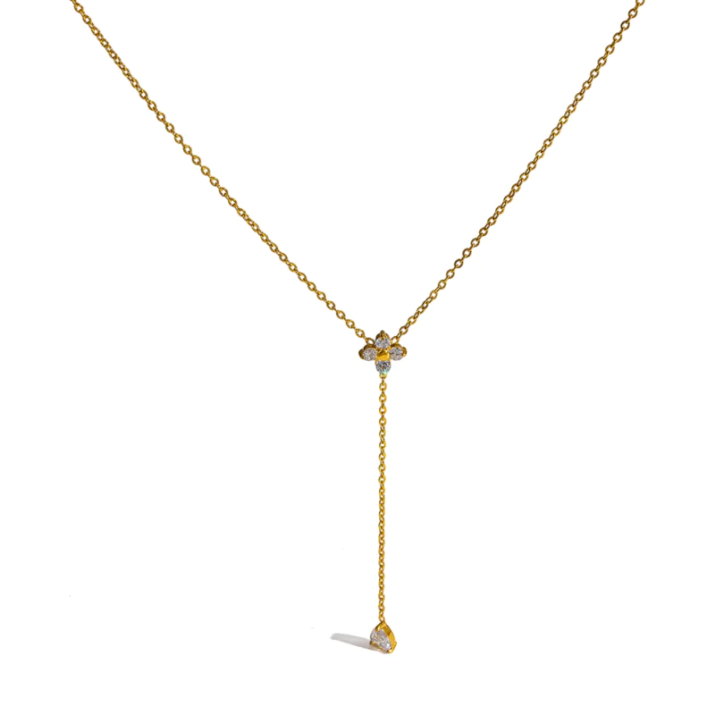 18K gold plated stainless steel floral teardrop cubic zirconia Y drop necklace, minimalist luxury women neck jewelry