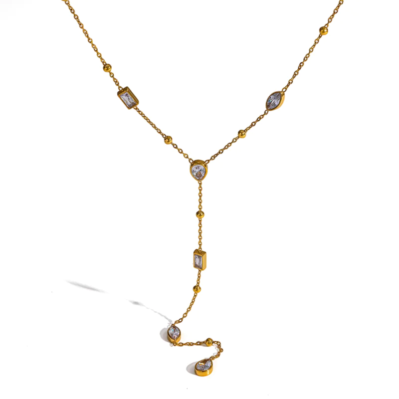 18K gold plated stainless steel geometric marquise cubic zirconia Y drop necklace, waterproof luxury women neck jewelry