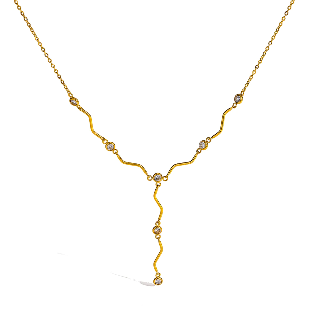 y drop necklace, wavy chain necklace, cubic zirconia neck jewelry, 18k gold plated necklace, stainless steel waterproof neckwear