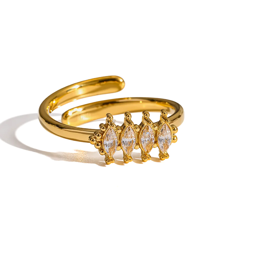 18K Gold-Plated Stainless Steel Marquise Cubic Zirconia Stackable Open Ring, Women Finger Jewelry