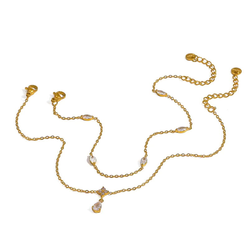 18K gold plated stainless steel flower marquise zircon anklet, elegant foot jewelry for women