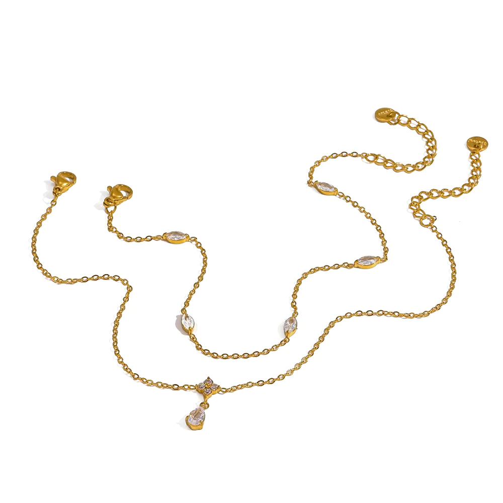 18K gold plated stainless steel flower marquise zircon anklet, elegant foot jewelry for women