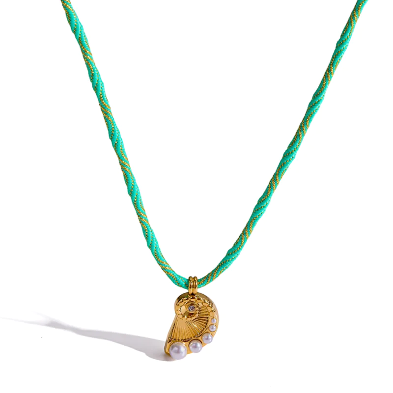 18K gold plated stainless steel conch pearl pendant braided rope necklace, ocean themed women neck accessories