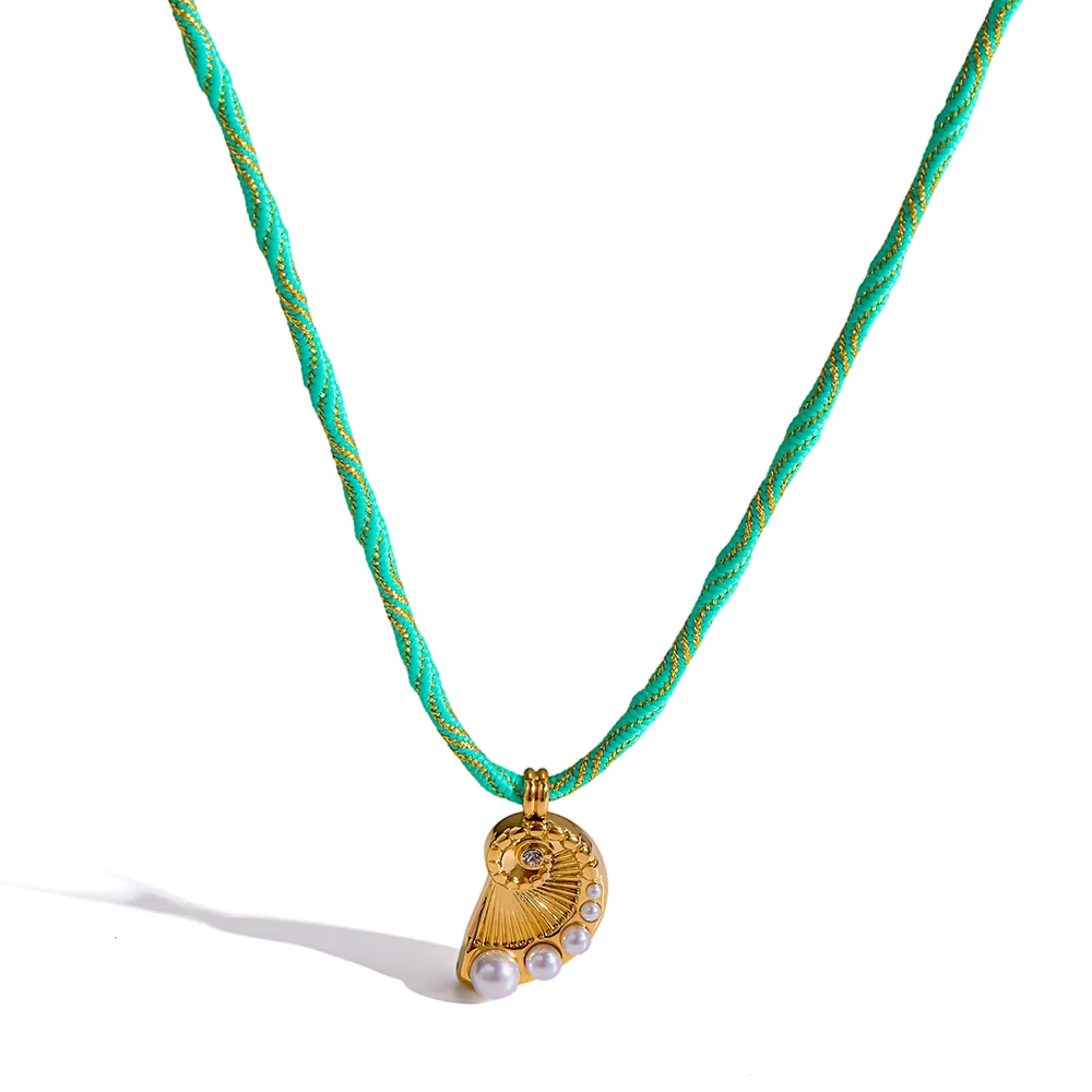 18K gold plated stainless steel conch pearl pendant braided rope necklace, ocean themed women neck accessories
