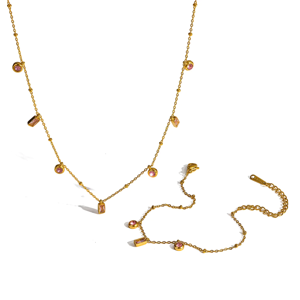 18K gold plated stainless steel pink geometric cubic zirconia necklace and bracelet, luxury waterproof women accessories