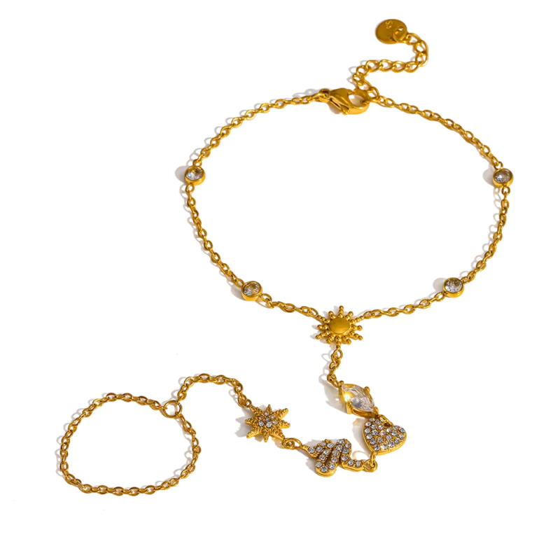 18K gold plated stainless steel sun star cubic zirconia hand chain, luxury women hand bracelet with attached ring